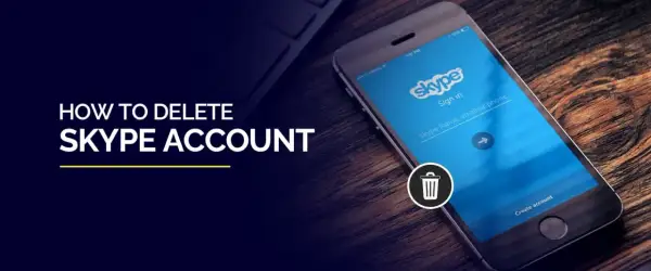 Jak usunąć konto Skype? Ilustracja pokazuje ekran logowania aplikacji Skype na telefonie, z ikoną kosza i tekstem "HOW TO DELETE SKYPE ACCOUNT".