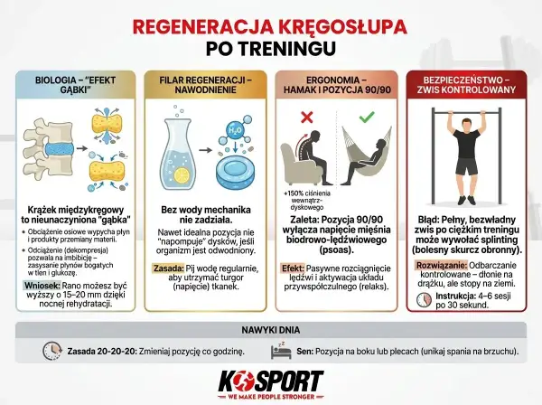 Po treningu kręgosłup potrzebuje regeneracji. Unikaj błędów, jak pełny zwis, by nie doprowadzić do dyskwalifikacji przez bolesny skurcz.
