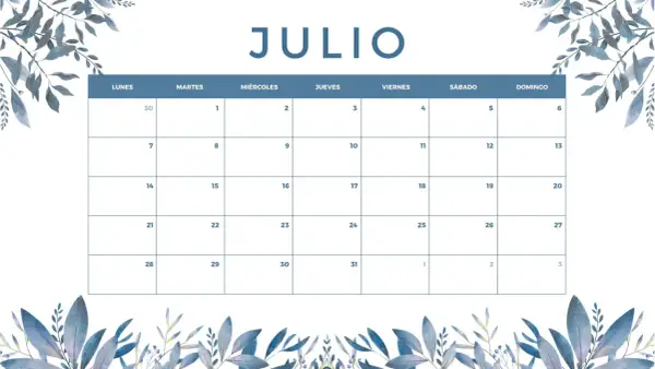 Calendario de julio con diseño floral azul. Planifica tus vacaciones de verano en este mes.