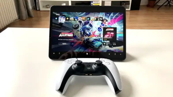 PS5 Controller mit Handy verbinden: Ein DualSense-Controller liegt vor einem Tablet, das das Spiel "Destruction AllStars" anzeigt.