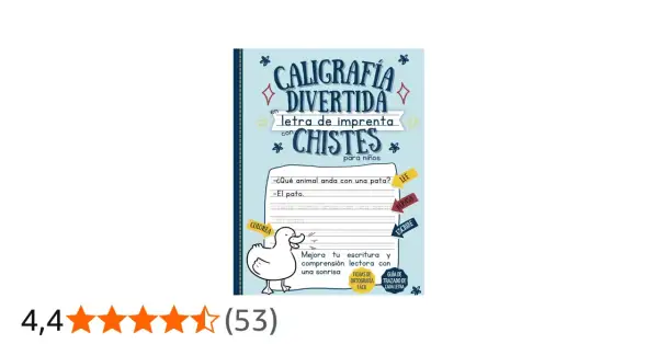 Ilustración de un pato y texto sobre caligrafía divertida con chistes para niños.