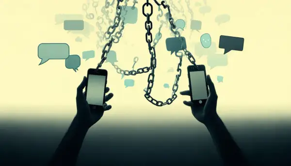Dwie ręce trzymają telefony, połączone łańcuchami z dymkami czatu. Jak usunąć kogoś z grupy na Messengerze?
