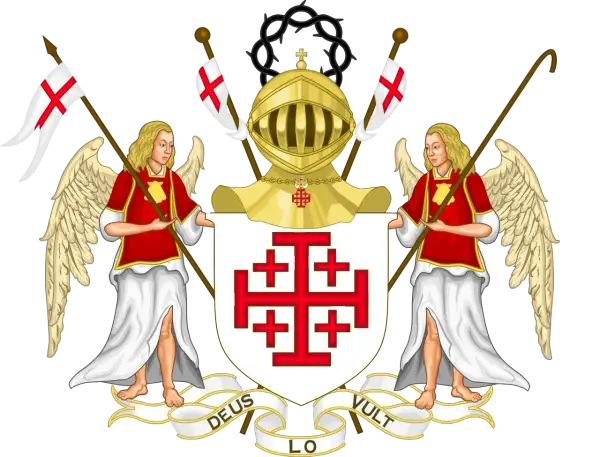Herb z krzyżem jerozolimskim, dwoma aniołami, hełmem i koroną cierniową.