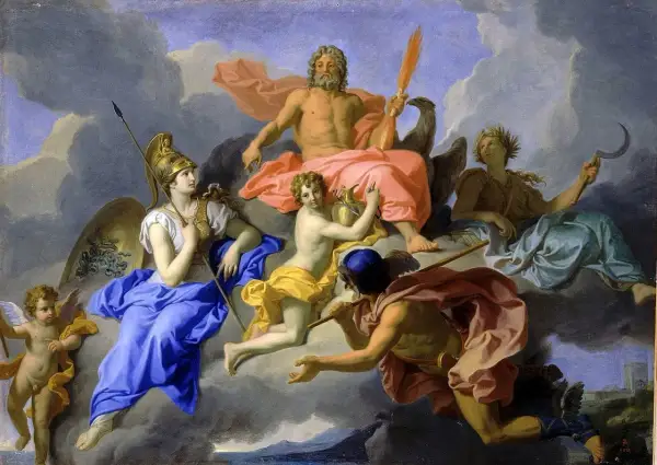 Gudinnan Athena, en krigisk gudom, sitter med spjut och sköld. Ovanför henne tronar Zeus, omgiven av andra gudar och putti.