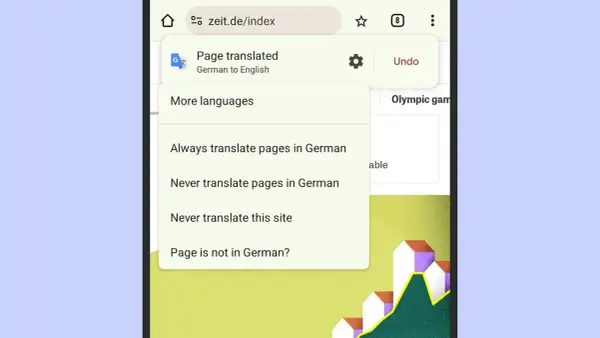 Menú de traducción de página de alemán a inglés. Opciones para gestionar sitios en inglés y otros idiomas.