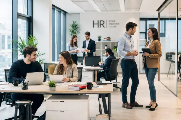 Persone in un ufficio moderno discutono, forse su come scrivere un annuncio di lavoro efficace. L'ambiente è luminoso e collaborativo.
