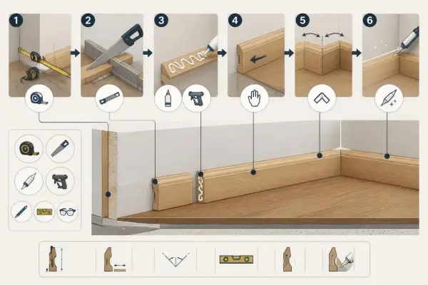Étapes pour poser une plinthe sur un mur irrégulier : mesure, coupe, collage, ajustement, finition.