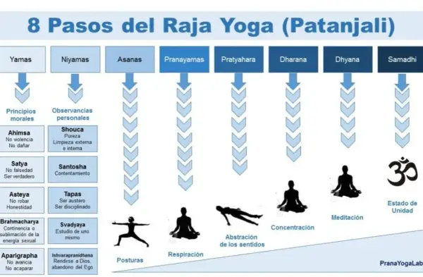 Los 8 pasos del Raja Yoga de Patanjali: Yamas, Niyamas, Asanas, Pranayamas, Pratyahara, Dharana, Dhyana y Samadhi, ilustrando la filosofía del yoga.