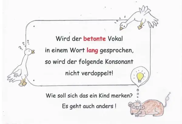 Gänse erklären Kindern die Regeln für lange und kurze Vokale in der Grundschule. Eine Glühbirne symbolisiert eine Idee.