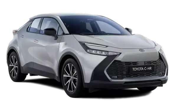 Nowy, srebrny suv Toyota C-HR z czarnymi akcentami i nowoczesnymi światłami.