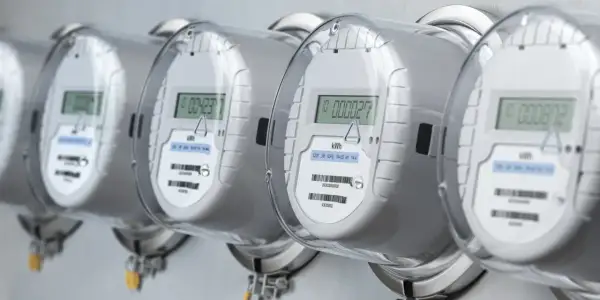 Rząd białych liczników energii elektrycznej z cyfrowymi wyświetlaczami.