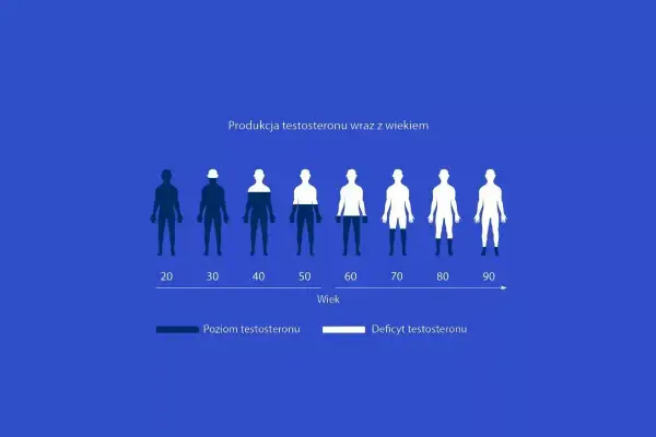Wykres pokazuje normy testosteronu w zależności od wieku. Poziom testosteronu spada z wiekiem, od pełnego poziomu w wieku 20 lat do deficytu w wieku 90 lat.