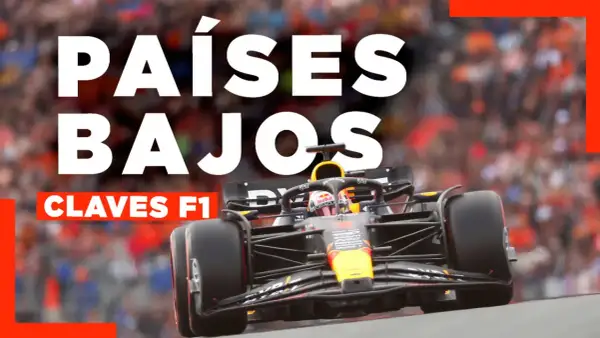 Coche de Fórmula 1 en carrera, con texto "PAÍSES BAJOS" y "CLAVES F1". El resultado F1 hoy podría ser una victoria holandesa.