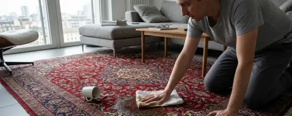 Uomo inginocchato su un tappeto rosso, tampona una macchia con un panno. Impara come lavare un tappeto grande in modo efficace.