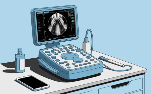 Appareil d'échographie prêt pour un bladder scan. Gel, sonde et smartphone à proximité.