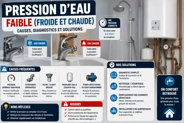 Illustration expliquant les causes et solutions d'un débit d'eau réduit, avec des robinets, une douche et des tuyaux.