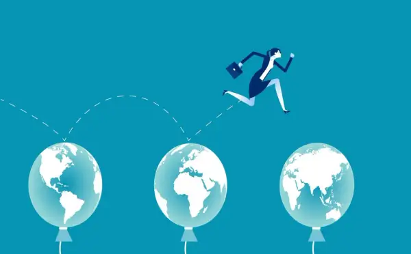 Mujer corriendo sobre globos con forma de mundo, saltando hacia nuevas oportunidades. ¡Busca becas para estudiar en el extranjero!