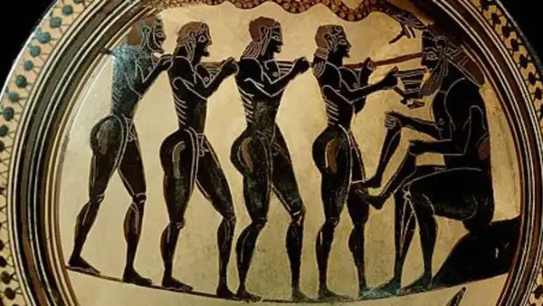 Un monstre s'attaque à Ulysse et ses compagnons. Ils portent un objet, peut-être un trésor, vers un homme assis.