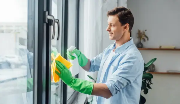 Mężczyzna w zielonych rękawiczkach czyści okna plastikowe, używając sprayu i żółtej ściereczki. Dbałość o detale to klucz do konserwacji okien.