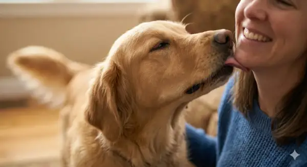 Un perro golden retriever, un verdadero perro velcro, lame cariñosamente la mejilla de su dueña, quien sonríe feliz.