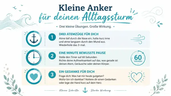 Kleine Übungen für den Alltag: Atemzüge, bewusste Pause, Dankbarkeit. So kannst du zu dir selbst finden und Stärke gewinnen.