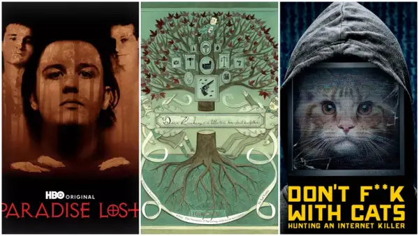 Tre affischer för true crime serier: "Paradise Lost", en illustrerad familjehistoria och "Don't F**k With Cats".