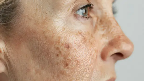 Gros plan sur le visage d'une femme, montrant des taches brunes et des rides. Un exemple de peau avant traitement UV.