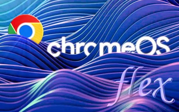 Logo Chrome OS i napis "flex" na tle falujących, niebieskich linii. System operacyjny Chrome OS w nowej, elastycznej odsłonie.