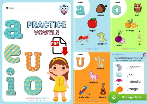 Fichas vocales con dibujos para practicar las letras a, e, i, o, u. Incluye imágenes de animales y objetos.