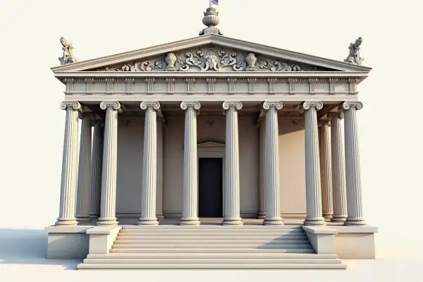 Monumentalna budowla w stylu klasycyzm architektura, z rzędem kolumn jońskich, schodami i ozdobnym fryzem.