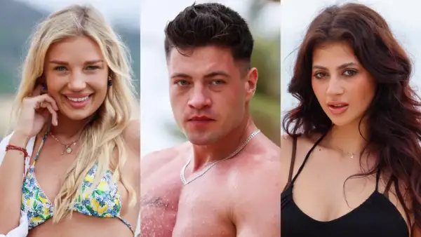 Trzy twarze uczestników Hotel Paradise 8: uśmiechnięta blondynka, muskularny mężczyzna i brunetka zmysłowo patrząca w obiektyw.