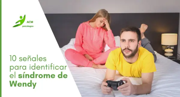 Pareja en cama: ella frustrada, él jugando. Texto: "10 señales para identificar el síndrome de Wendy".