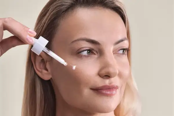 Kwas palmitynowy w kroplach serum pielęgnuje skórę kobiety, nadając jej blask i nawilżenie.