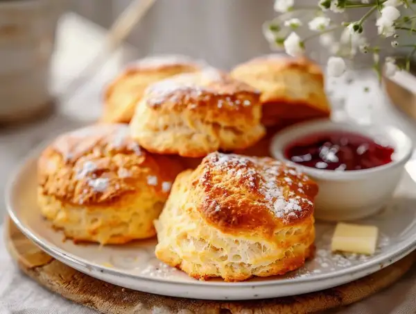 Nybakade scones utan mjölk, pudrade med florsocker, serveras med sylt och smör. En perfekt fika!