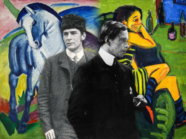 Two men stand before a vibrant German Expressionism art piece featuring a blue horse and a woman in yellow.