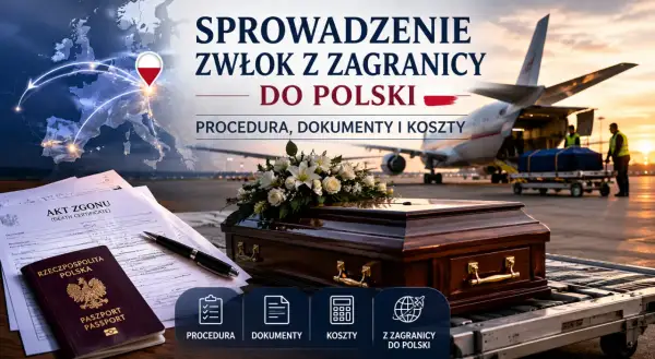 Kto pokrywa koszty sprowadzenia zwłok z zagranicy? Na zdjęciu trumna, dokumenty, paszport i samolot.