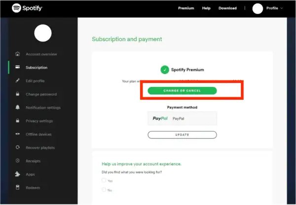 Ekran Spotify z opcją "Zmień lub anuluj" dla Spotify Premium. Kliknij, aby dowiedzieć się, jak wyłączyć Spotify Premium.
