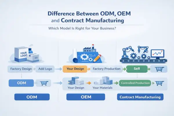 Porównanie modeli ODM, OEM i produkcji kontraktowej. Schemat pokazuje procesy: ODM (fabryka projektuje, dodajesz logo), OEM (twój projekt, twoje materiały, kontrolowana produkcja) i produkcja kontraktowa (twój projekt, produkcja fabryczna).