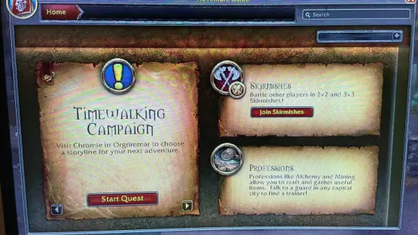 Menu gry z opcjami: Timewalking Campaign, Skirmishes i Professions. Rozdzielczość 2k zapewnia wyraźny obraz.