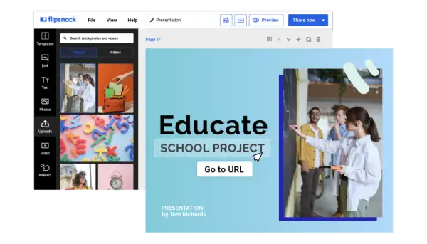 Plantillas de flipbook para proyectos escolares. Una presentación "Educate" con estudiantes en una pizarra.