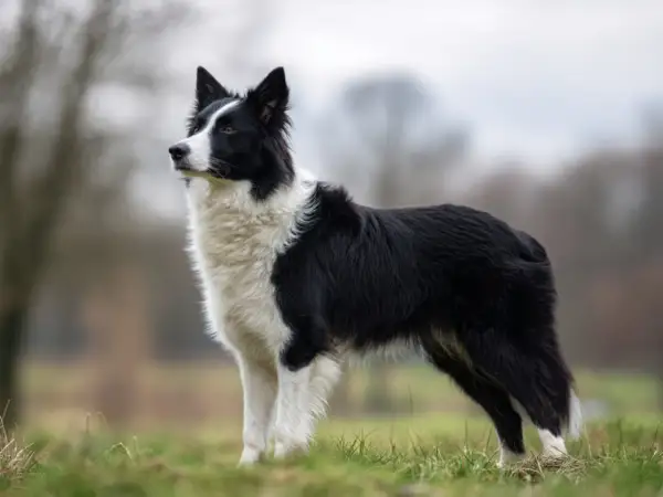 En border collie står stolt i gräset, dess intelligenta blick speglar dess alerta och vänliga border collie temperament.