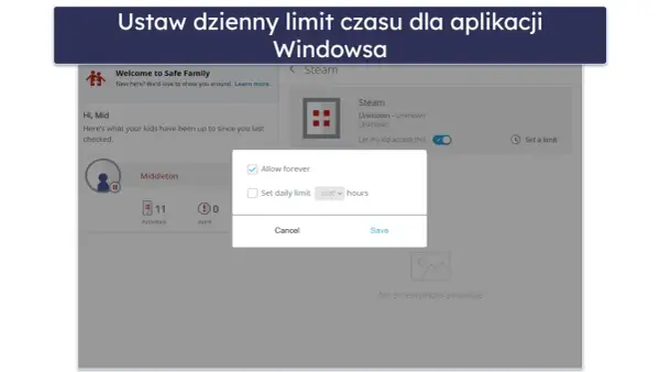 Ustawienia kontroli rodzicielskiej Windowsa: okno dialogowe pozwala ustawić dzienny limit czasu dla aplikacji Steam lub zezwolić na dostęp na stałe.