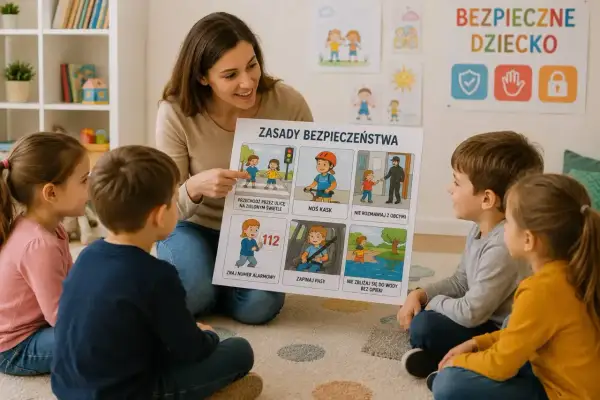 Nauczycielka omawia z dziećmi zasady bezpieczeństwa, pokazując ilustracje dotyczące przechodzenia przez ulicę, jazdy na rowerze i kontaktu z obcymi. Edukacja dla bezpieczeństwa jest kluczowa.