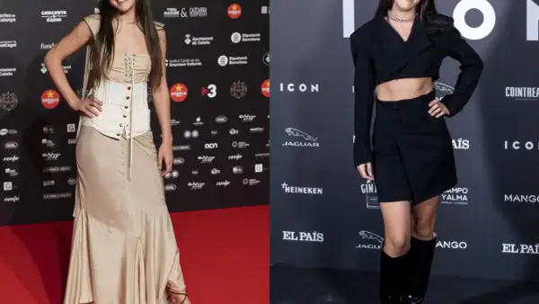 Amaia Romero luce dos looks: uno beige con corsé y falda satinada, y otro negro con blazer cropped y minifalda.