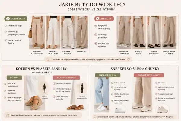 Dobre rodzaje butów damskich do szerokich spodni: sandały na koturnie, na słupku, sneakersy smukłe, mokasyny. Złe: masywne sneakersy, ciężkie botki.