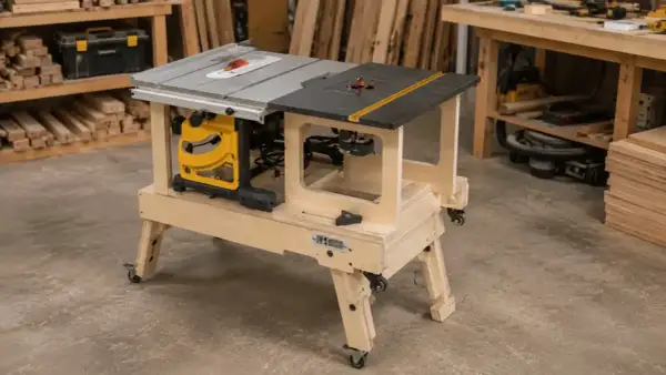DIY router table plans come to life with this mobile woodworking station featuring a table saw and router.
