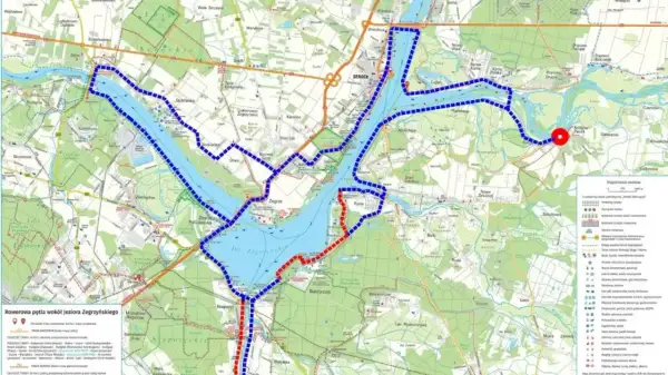 Odkryj najładniejsze trasy rowerowe na Mazowszu! Mapa przedstawia pętlę wokół Jeziora Zegrzyńskiego, idealną na aktywny wypoczynek.