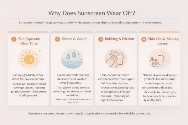Explication des raisons pour lesquelles la durée de la crème solaire est limitée : exposition au soleil, transpiration, frottements et sébum/maquillage.