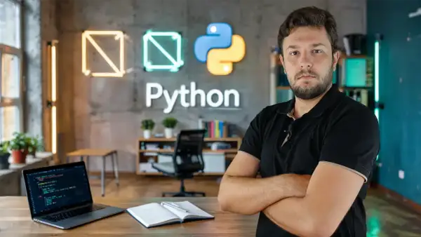 Mężczyzna w czarnej koszulce stoi przed logo Pythona. Na biurku laptop z kodem, notatnik. W tle neonowe kształty, symbolizujące polimorfizm w programowaniu.