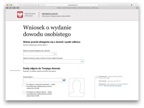 Formularz wniosku o dowód osobisty. Wybierz powód, urząd odbioru i dodaj zdjęcie.